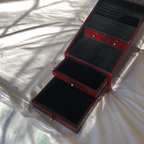 Jewelry box deep red like cherry wood w/black velvet lined interior.Four drawers - Picture 9 of 16
